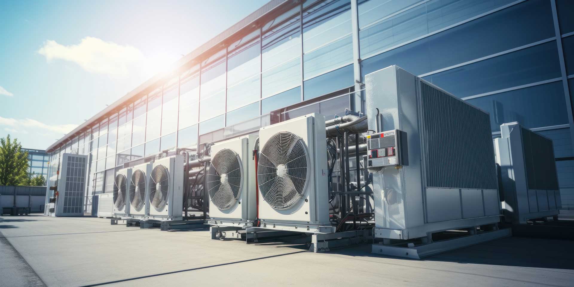 Condenser unit or compressor outside factory plant. Unit of ac a